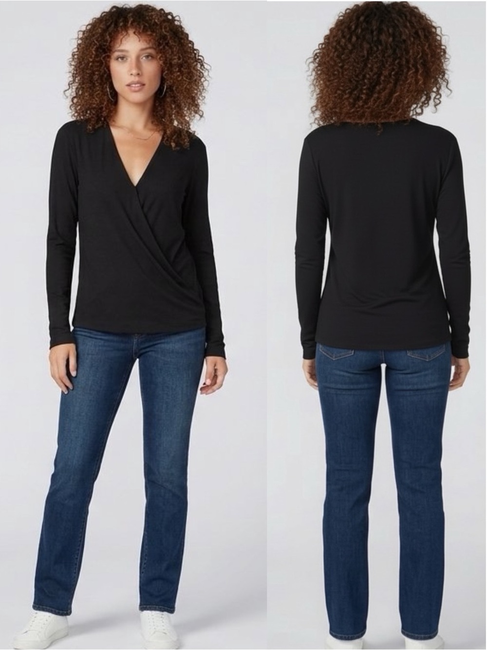 NWT Bobi Los Angeles Black Ribbed Surplice Long Sleeve Wrap Front Top Medium